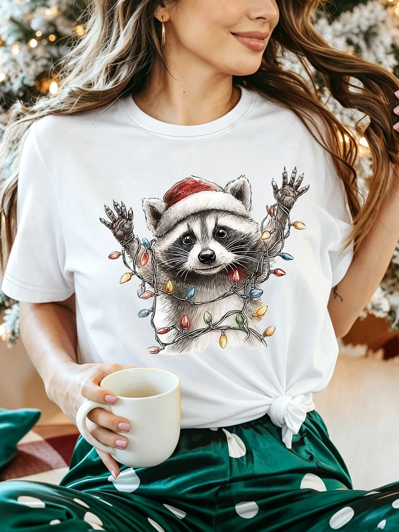 Holiday Xmas Womens T Shirt Funny Raccoon With Santa Hat Tangled Christmas Lights Print Short Sleeve O Neck Casual Daily Tops