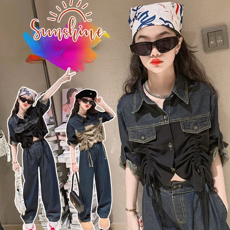 

Girls' Set 2024 Spring New denim patchwork top children's trendy and cool wide leg pants two-piece set