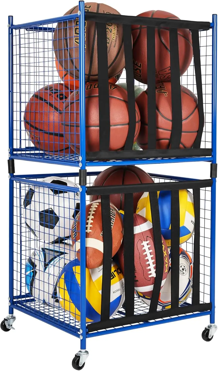 

Rolling Sports Ball Storage Cart with Lockable Locker and Elastic Straps, Stackable Garage Organizer for Balls and Equipment