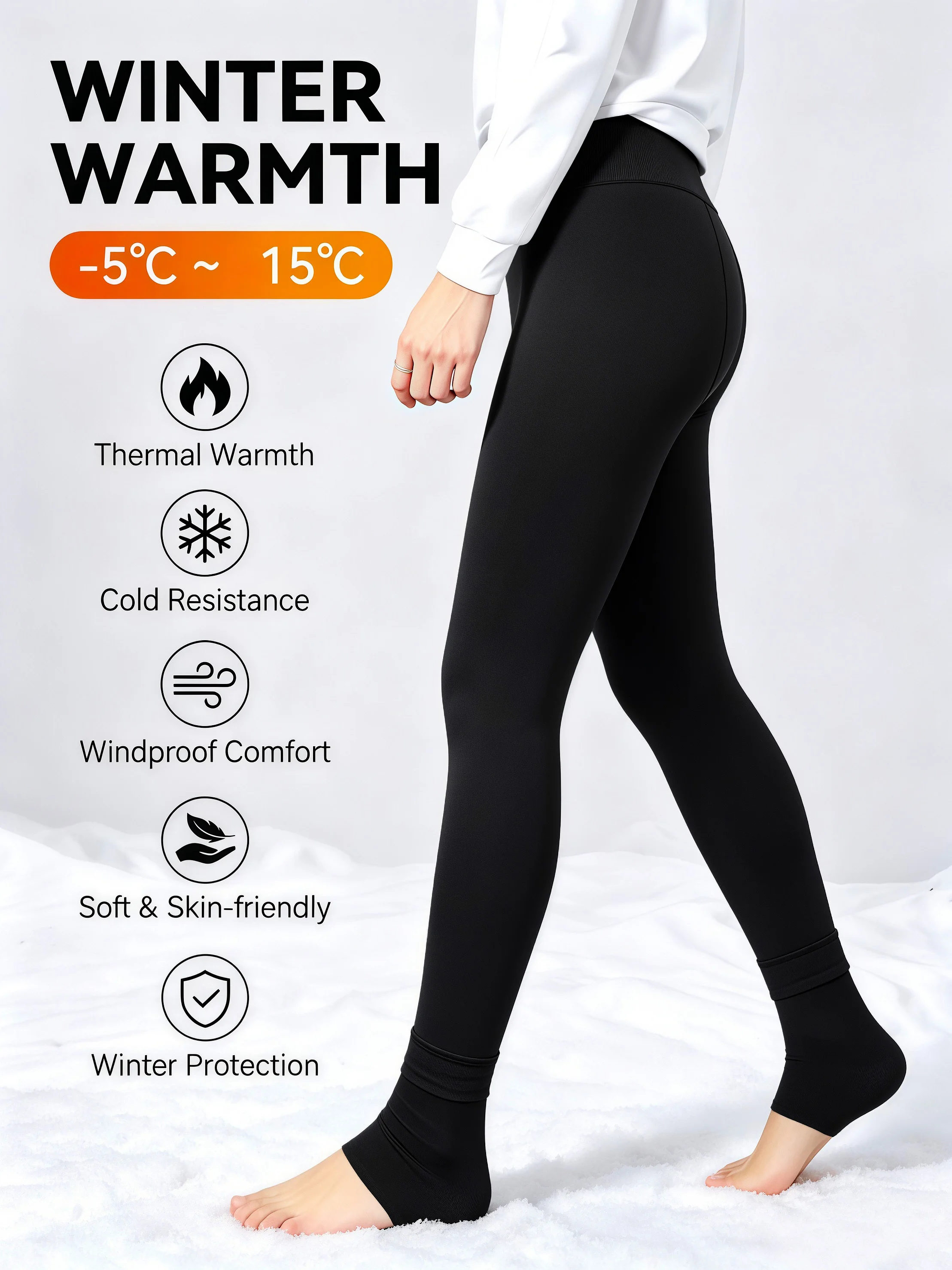 1-Pack Black Pearl Fleece Lined Stirrup Thermal Leggings Soft Windproof Stretch Cold Resistant Warm Trousers for Winter Outings