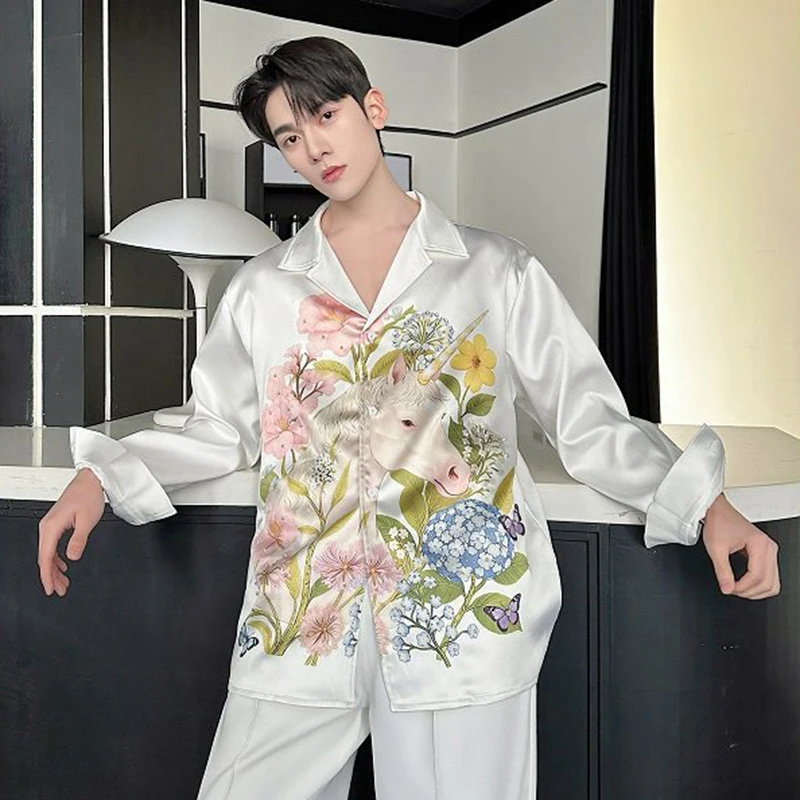 WTHT Fashion 2026 Summer Men's Color Flower Print Design Shirts Trendy Turn Down Collar Single Breasted Tops Male 2A2856