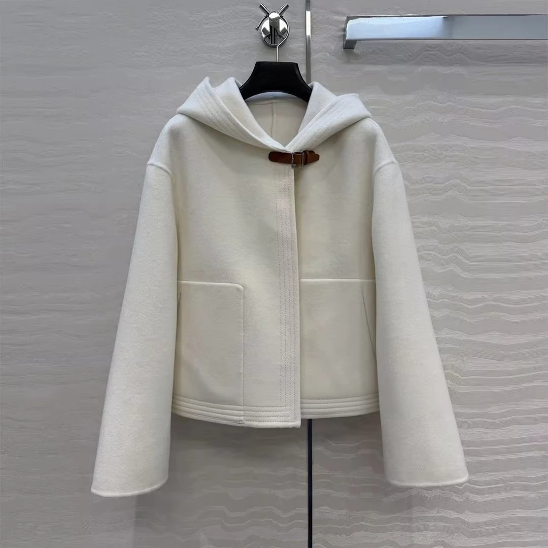 Luxury Fashion Fall Winter Double-sided Woolen Coat Women Preppy Style Hooded Leather Buckle Long Sleeve Chic Loose Jacket