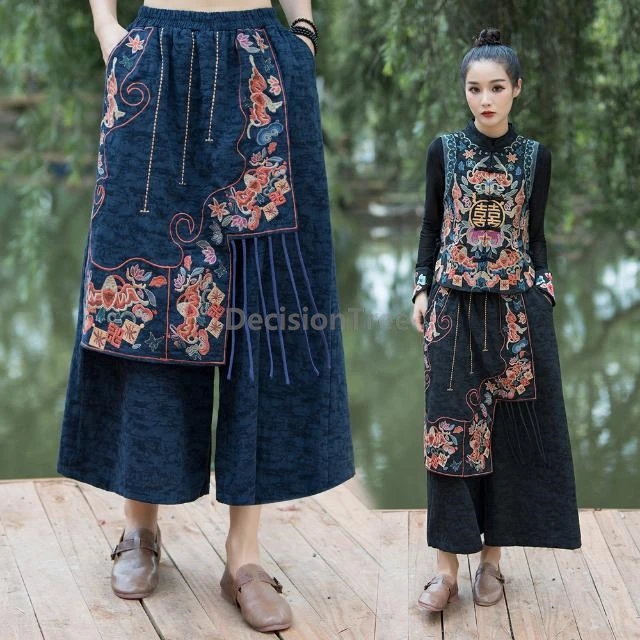 سراويل صينية واسعة الساق على الطراز العرقي لعام 2025 سراويل يوننان النسائية اليومية المطرزة بتصميم عصري أنيق سراويل مستقيمة ترفيهية #6