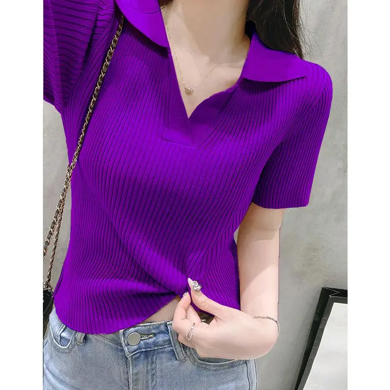 2024 Korean Version Simple Solid Color Knitted Sweater Short Sleeve Summer Slim Lapel Versatile Short Top