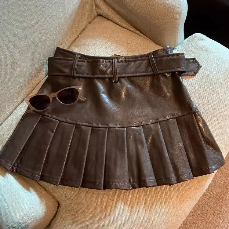 High Waist Leather Short Skirt Autumn and Winter New Retro Spice Girl Slim PU Pleated Skirt