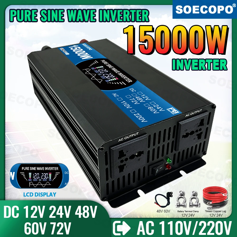 

SOECOPO 15000W Pure Sine Wave Inverter 12V 220V Solar & Current Inverter DC 12/24/48/60/72V To AC 110V/220V Home Outdoor Camping