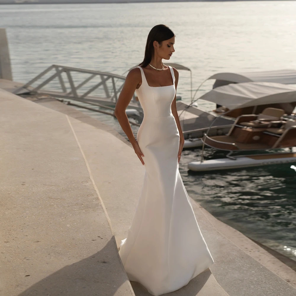 

Spaghetti Straps Wedding Dresses Mermaid Ivory Bridal Gowns Sweep Train Sleeveless New Vestido De Novia Satin Robe De Summer