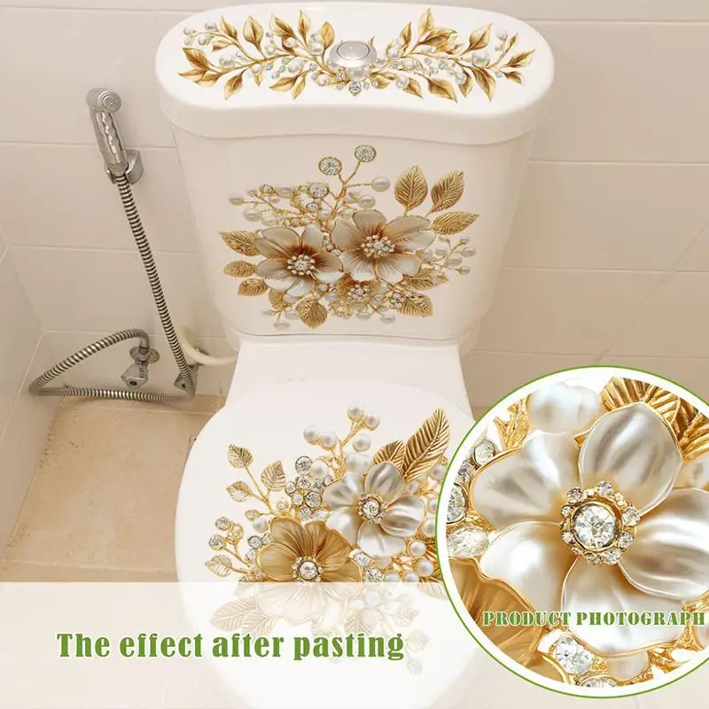【S】Luxuriöser, mit Diamanten besetzter, goldener, floraler Toiletten-Dekoraufkleber, selbstklebend, wasserdicht und langlebig
