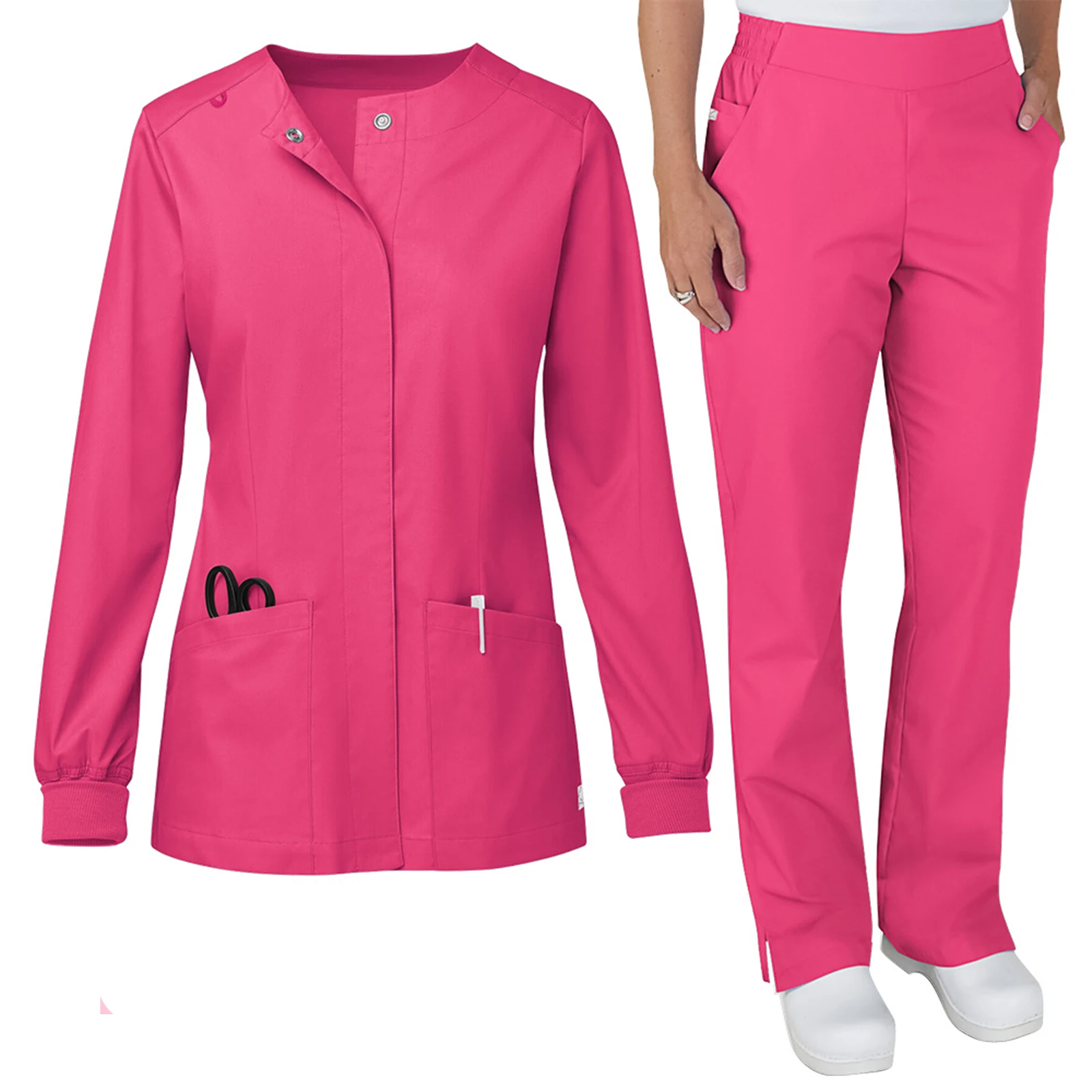 Women's Nurse Scrub Set Stand Collar Long Sleeve Button Front Multi-Color Multi-Pocket Long Pants Cozy Professional Workwear
