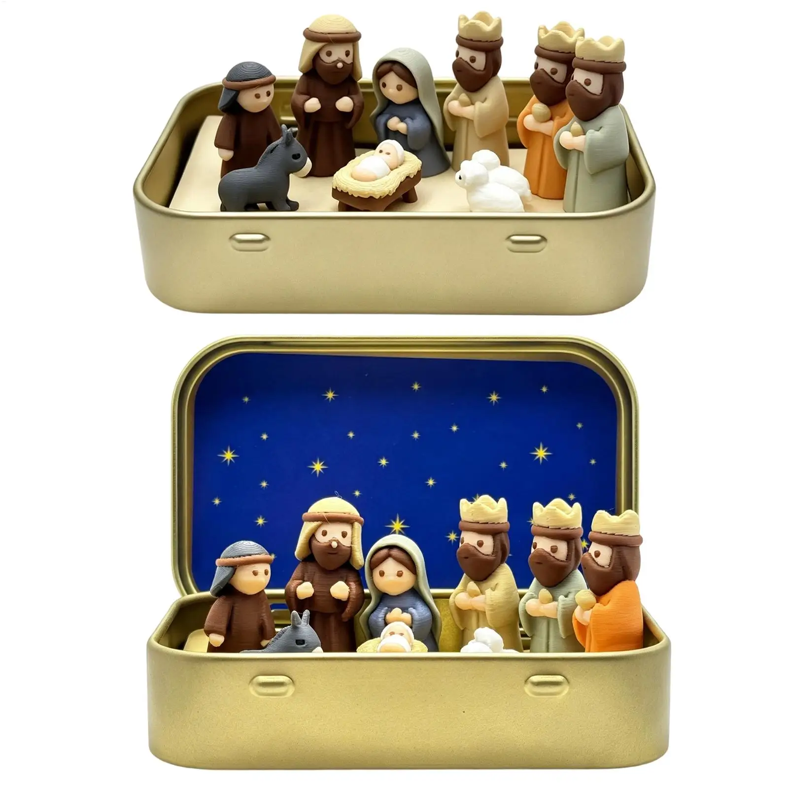 3D Printed Nativity Set in Tin Box, Miniature Religious Christmas Figures, Collectible Holy Family Decor for Home Office Shelf