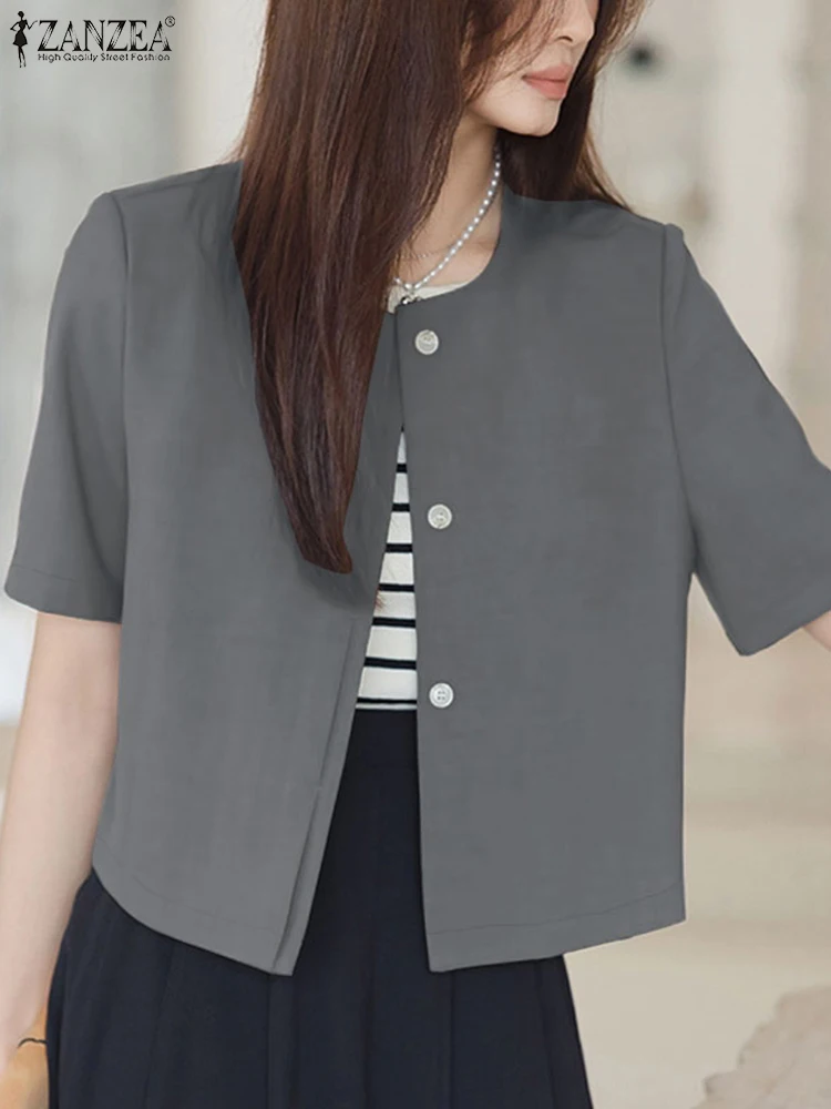 Zanzea Korte Mouw O-Hals Overshirts Office Lady Elegante Koreaanse Mode Knopen Blouses Zomer Casual Damesshirts Tops