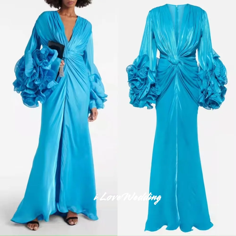 Abito da ballo blu con scollo a V 2025 Manica lunga A-Line Ruffles Abito da sera a sirena lungo fino al pavimento Abito da cerimonia nuziale pieghettato Personalizzato