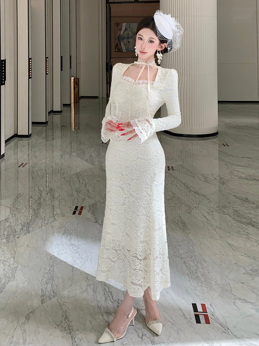

Retro Square Collar Lace Bell Sve Dr Sexy Elegance Waist Cinched Bodycon Gown Fi Tail Skirt Long Sve Winter Dr