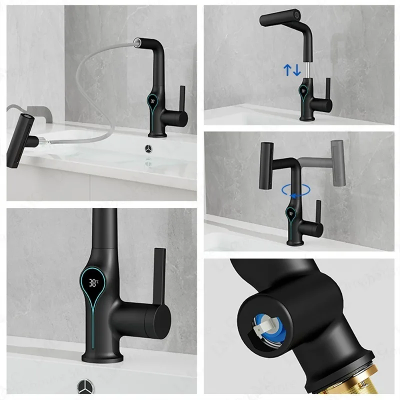 

Bathroom Basin Faucet Hot and Pull-out Lift-rotating Digital Display Faucet Rainfall Waterfall Multi-function Water Tap