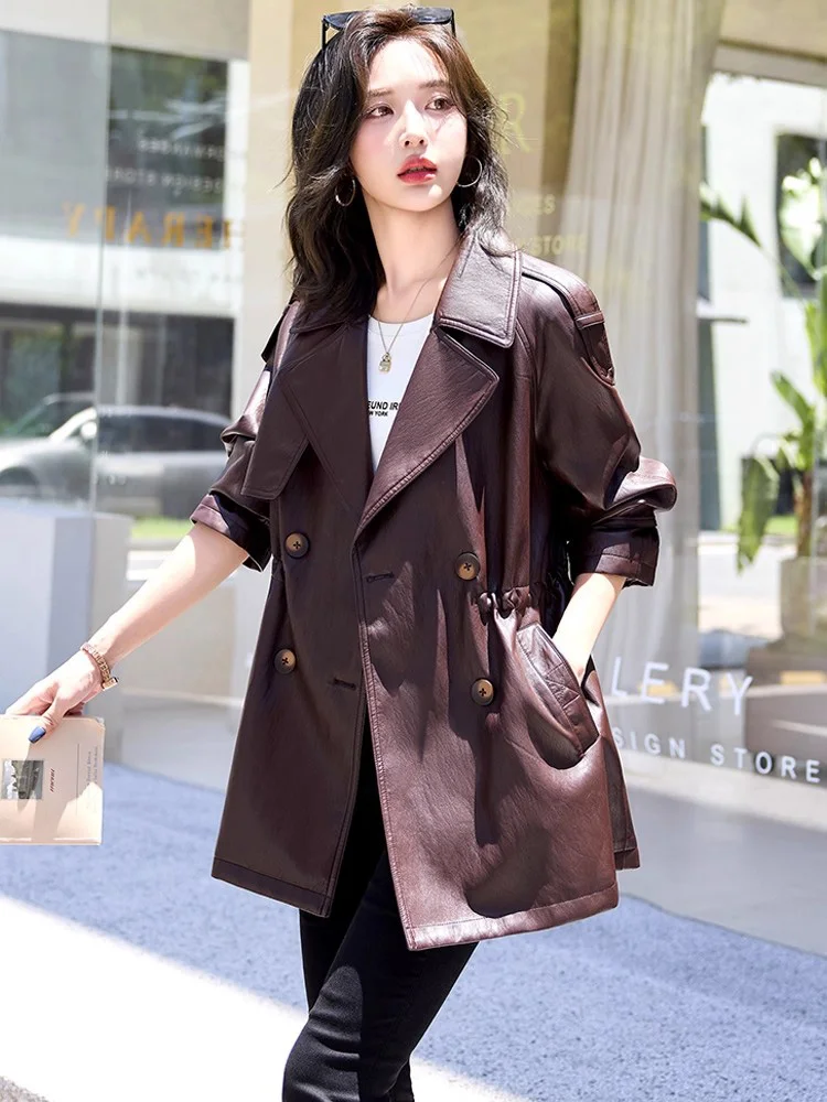 신상품 여성 캐주얼 데일리 스플릿 가죽 코트 봄 가을 패션 더블 브레스트 허리 조절 가능 루즈 가죽 트렌치 여성 아우터웨어