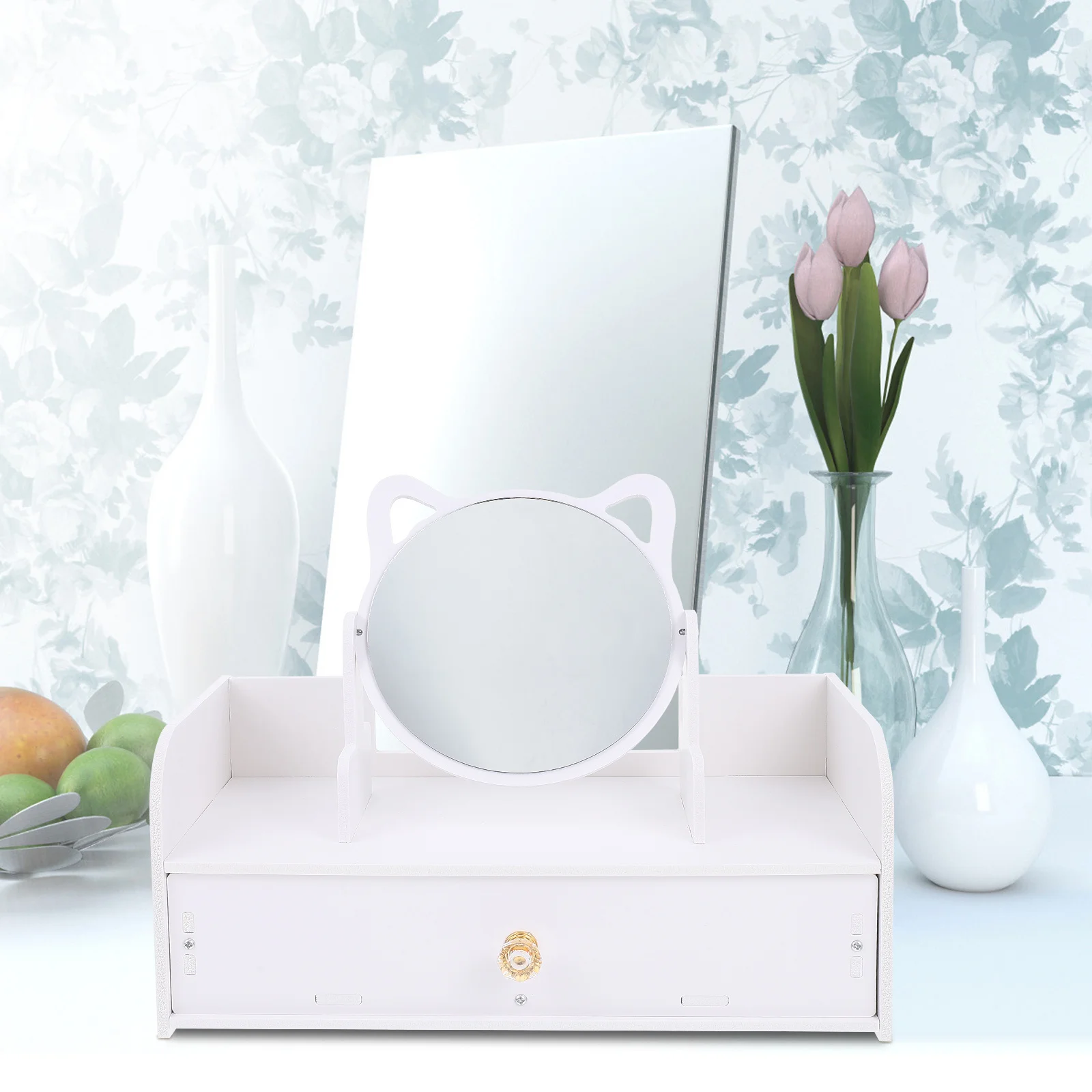 مرآة مكياج لسطح المكتب، حامل ثابت رائع، سطح مكتب مختلف، تخزين مريح متعدد الوظائف #5