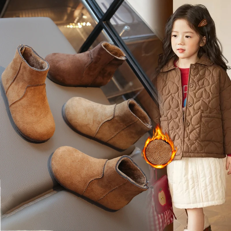 

Children's Fashion Padded Boots 1-16 Years Old Khaki Thickened Warm Boys Girls Cotton Shoes Brown Soft Non-slip Kids Flat Boots