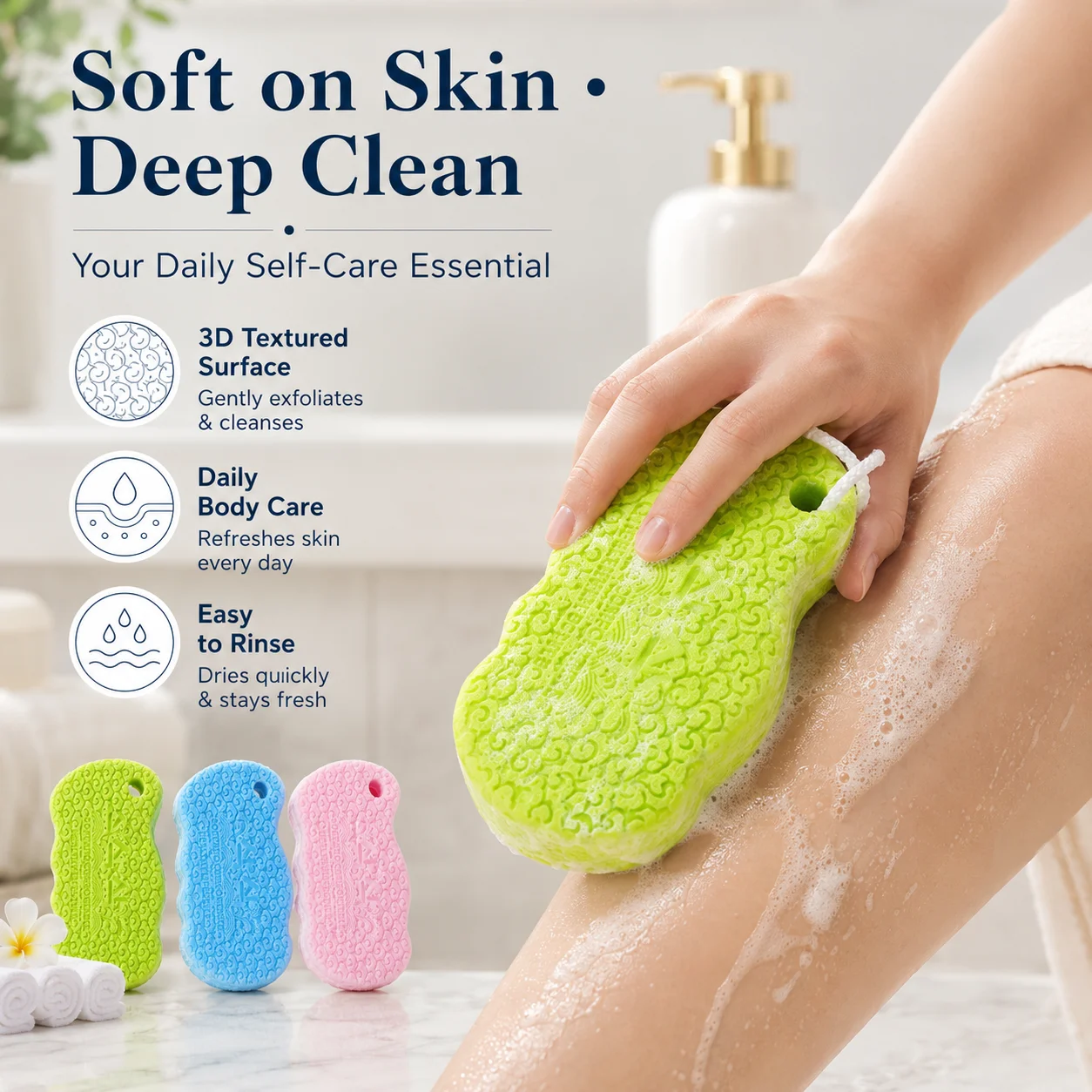 Korean Painless Scrub Sponge,3D stereo porous quick mud removal,adult kid shower exfoliating supplies