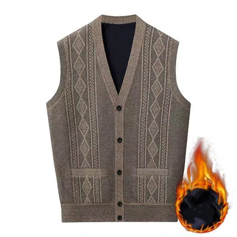 

Men's New Middle-aged Elderly Velvet Sweater Cardigan Vest V-neck Loose Waistcoat Autumn Winter Vest