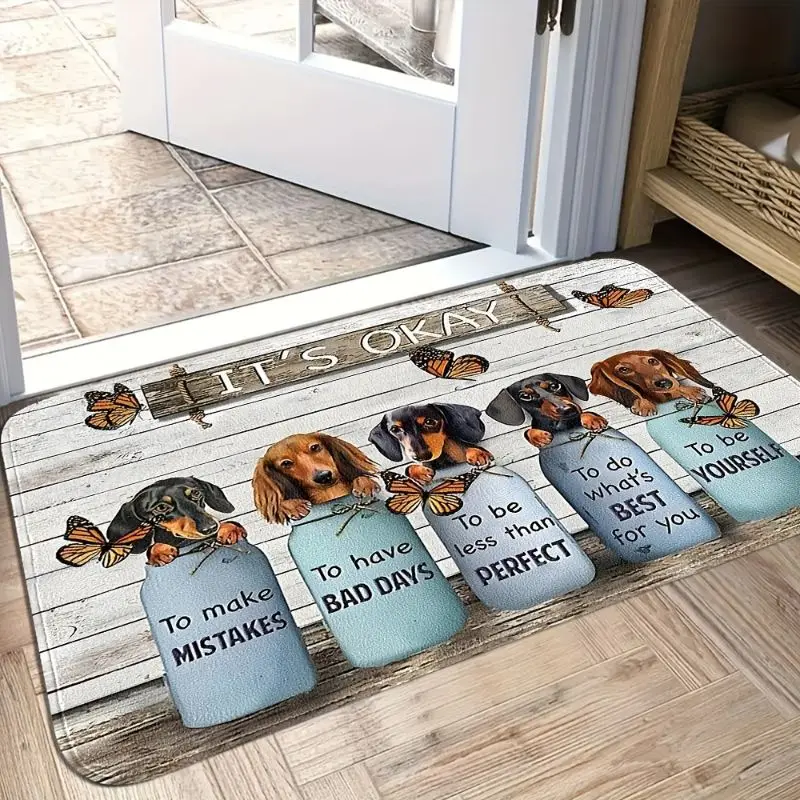 VIKAMA Inspirational Slogan Dog Print Doormat Non‑Slip Washable Floor Rug Cute Animal Decor Mat for Front Door Hallway Home