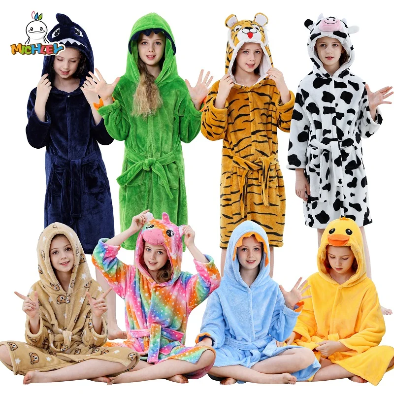 MICHLEY Karneval Dinosaurier Flanell Kinder Bademantel Bademantel Pyjamas Robe Kinder Mit Kapuze Nachtwäsche Kleidung Für Mädchen Jungen 3Y-13Y