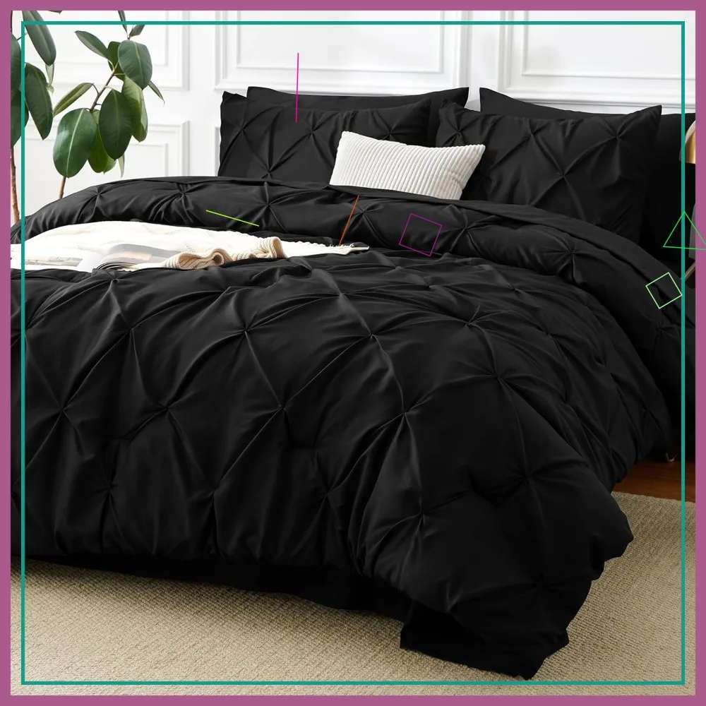 

Комплект постельного белья Queen Size из 7 предметов, черный, с декоративной строчкой, включает простыни и наволочки