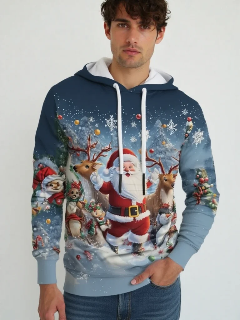 

Autumn Winter Men's Hoodie Funny 3D Christmas Elk Snowman Pattern Sweatshirts Fashion Santa Claus Print X'mas Clothing Loose Top