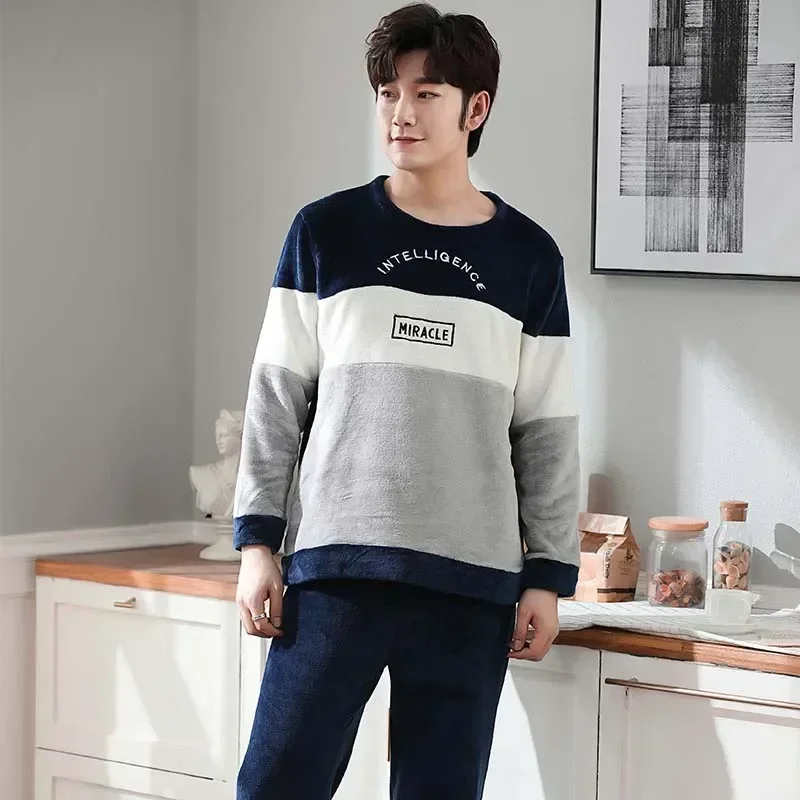 2023 Winter Long Sleeve Thick Warm Flannel Pajama Sets for Men Korean Loose Coral Velvet Sleepwear Pyjamas Homewear Home Clothes