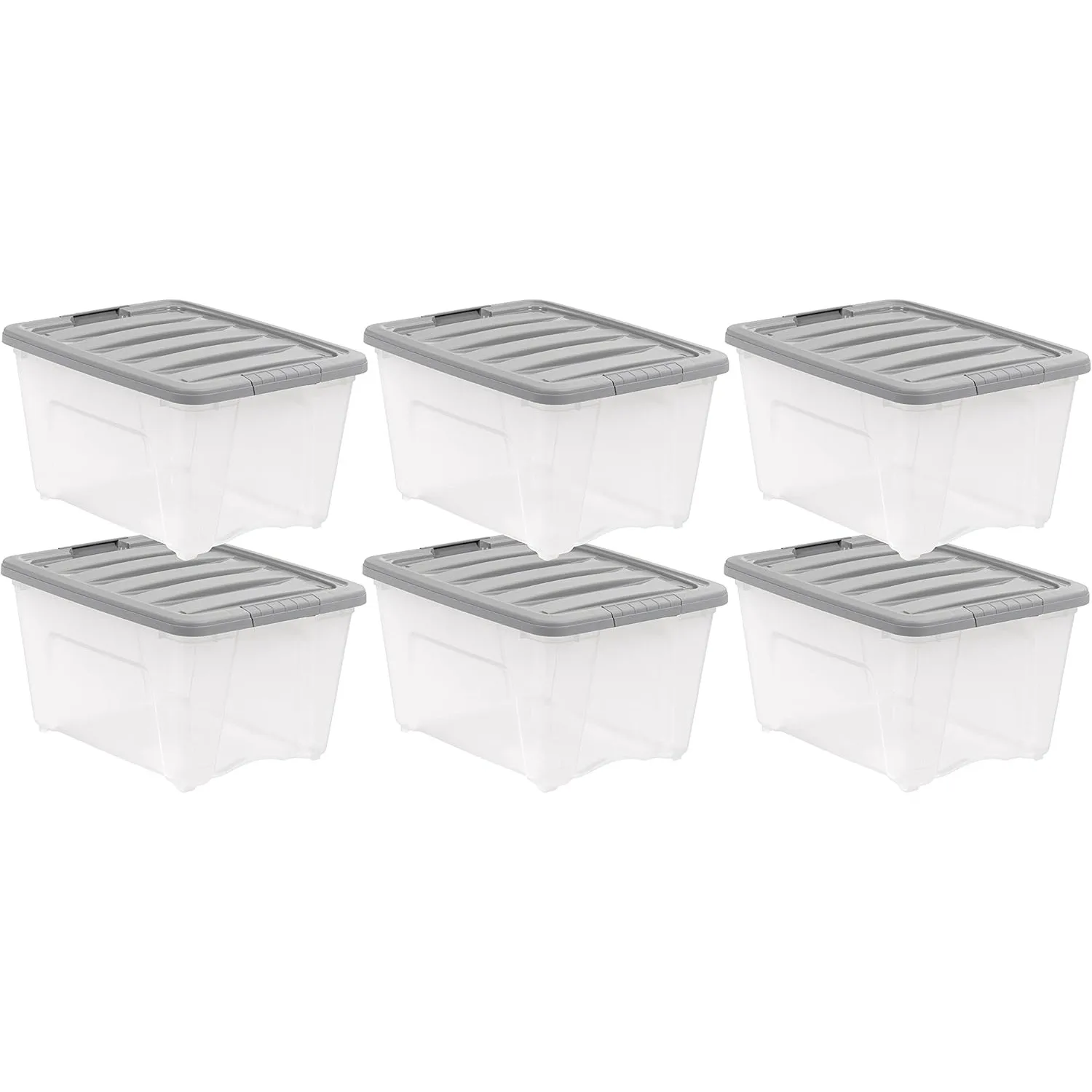 Amazon Basics Storage Bins with Lids, 32 Quart Stackable Plastic Latching containers - Clear/Grey- Pack of 6