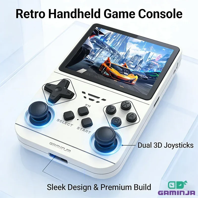 GAMINJA nueva consola de videojuegos portátil Retro de código abierto con emulador de tarjeta de 64GB integrado para PS1/PSP/DC/N64/SS pantalla IPS de 3,5 pulgadas