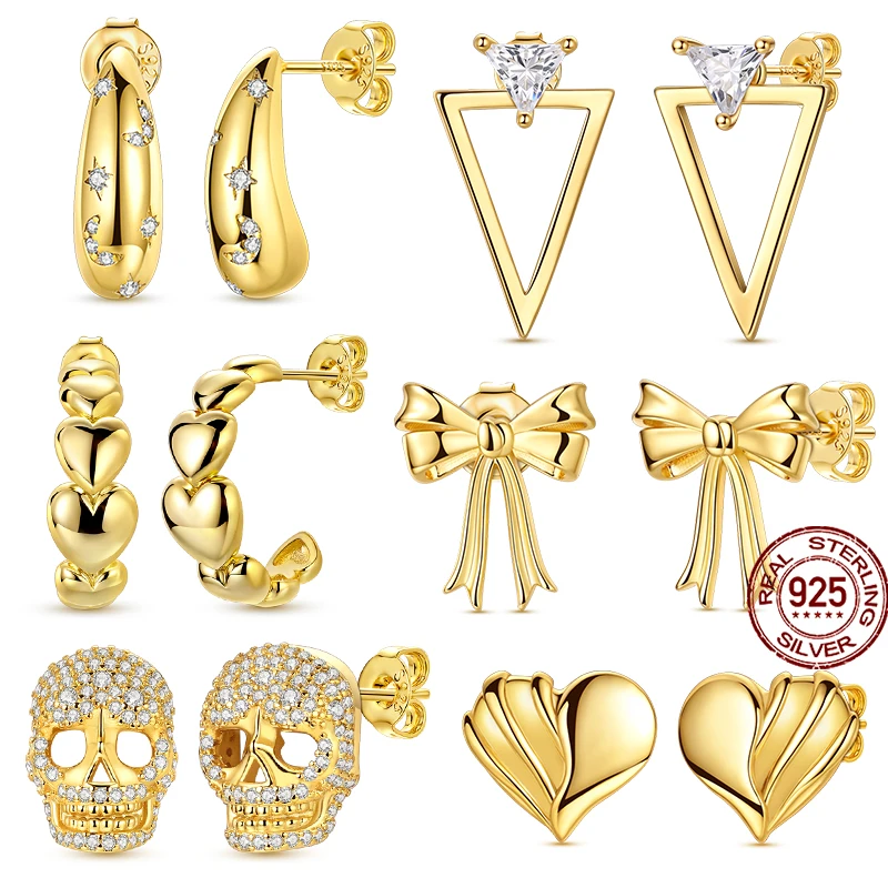 

Fashion Original Gold Plated 925 Sterling Silver Heart Bowknot Stud Earrings For Women Simple Design Sense Jewelry Wedding Gift
