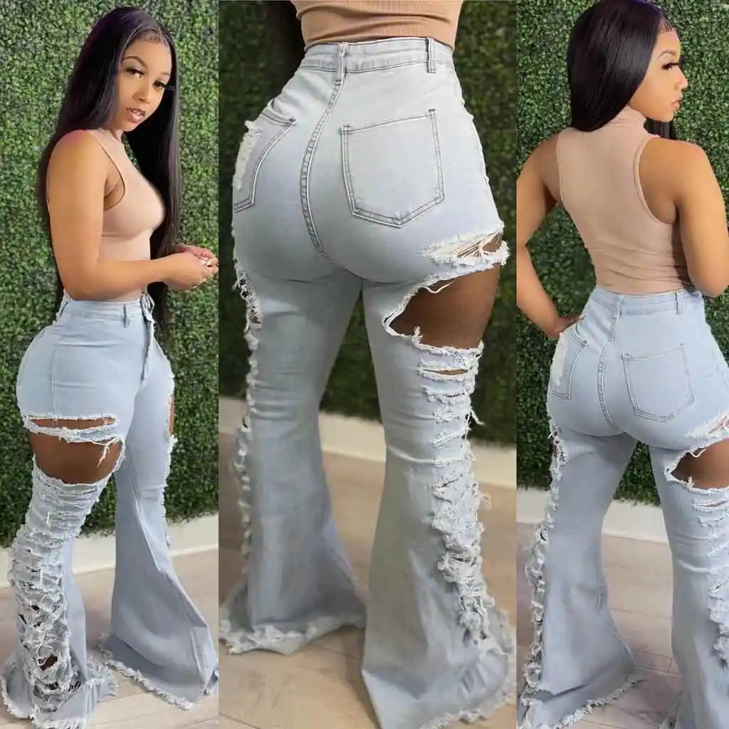 Faionable taille haute cloche Bot jean trou élastique Personali Match tout coton polyester mélange mi extensible pour moyen âge...