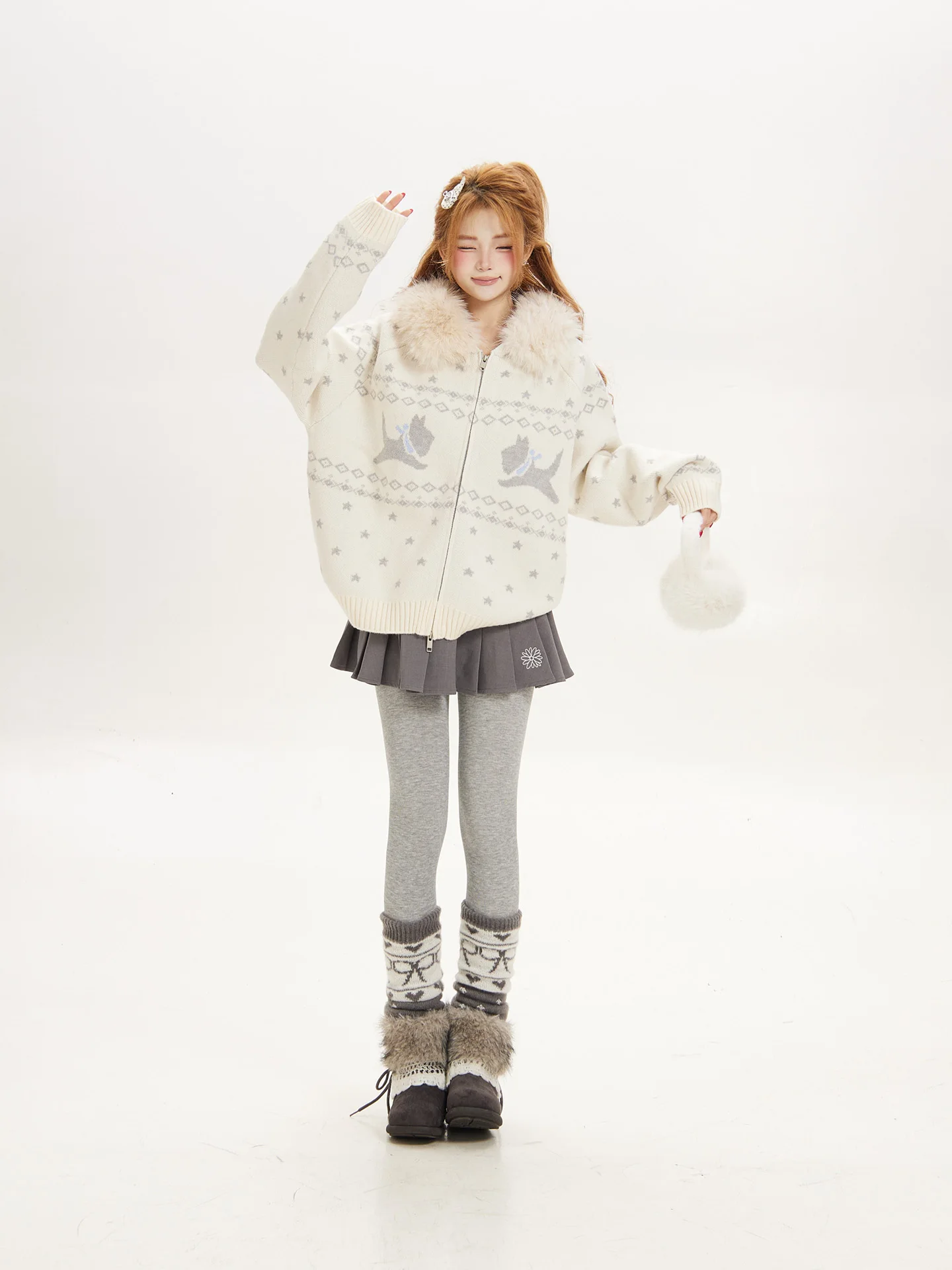 Loose Fit Korean Style Women's Sweater Coat with Fur Collar And Hood Autumn Winter Casual Outerwear Ant Brand Gradient Popu