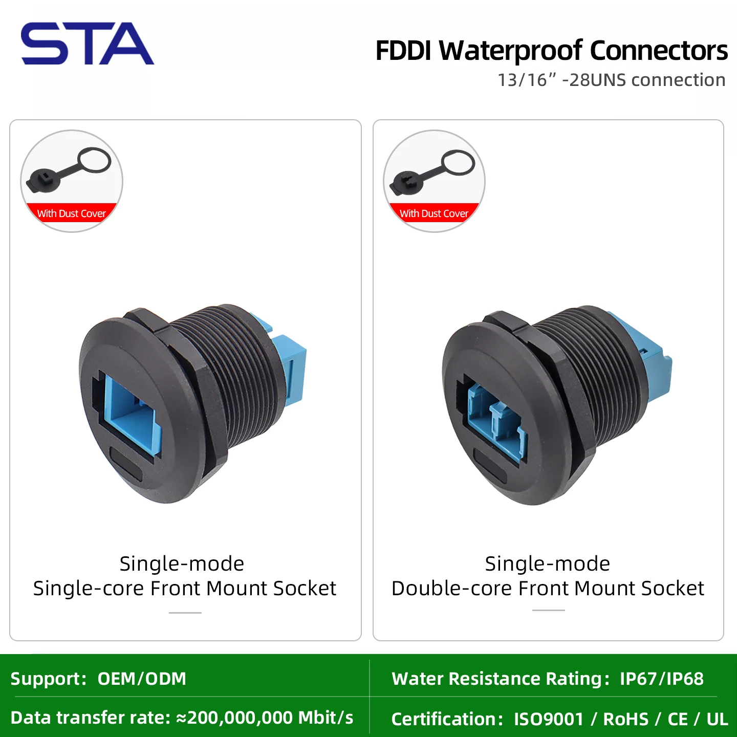 IP67 FDDI Waterproof Connector Fiber Optics Panel Front Mounted Female SC/LC Single Mode Single/Double Core Socket