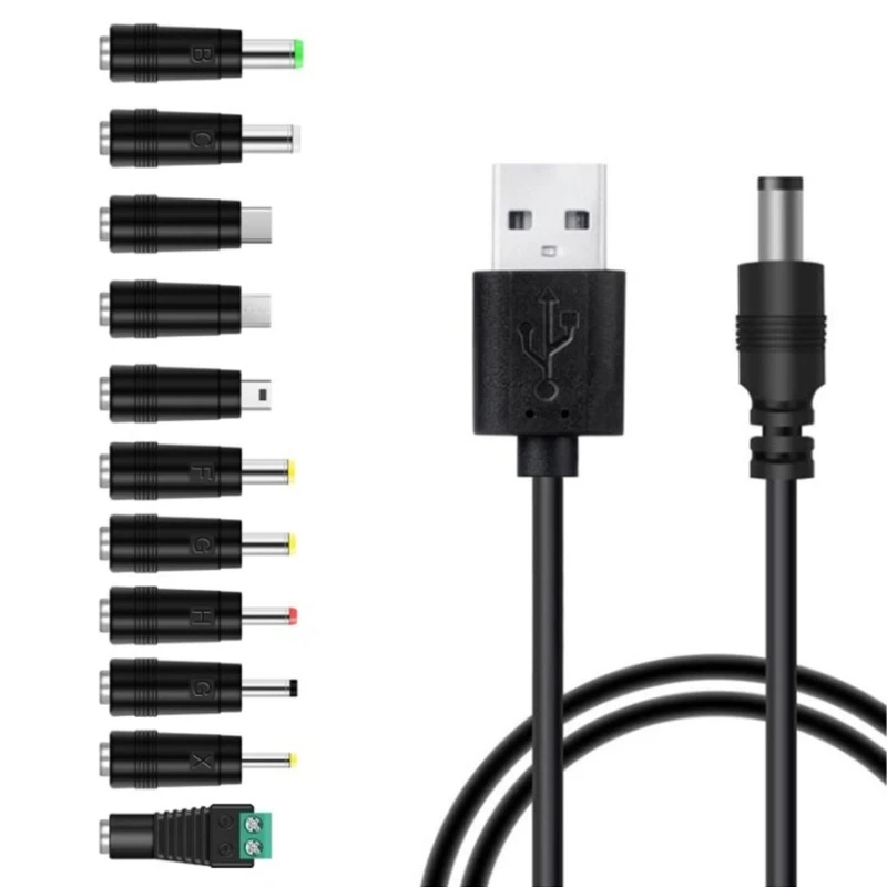 USB to DC5521 5V Power Cord DC5.5x2.1mm Charging Cable with 14 Interchangeable Connectors Tip Set 1.5M Cable