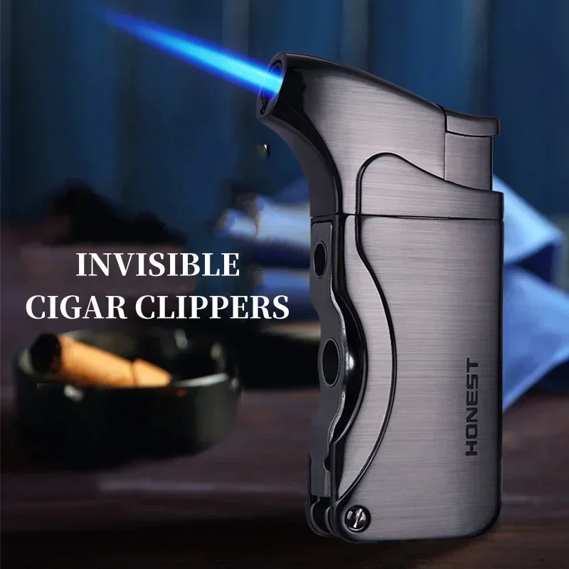 HONEST New Multi functional Metal Gas Lighter Windproof Blue Torch Slant Out Flame Hidden Cigar Clipper Compact Portable Lighter