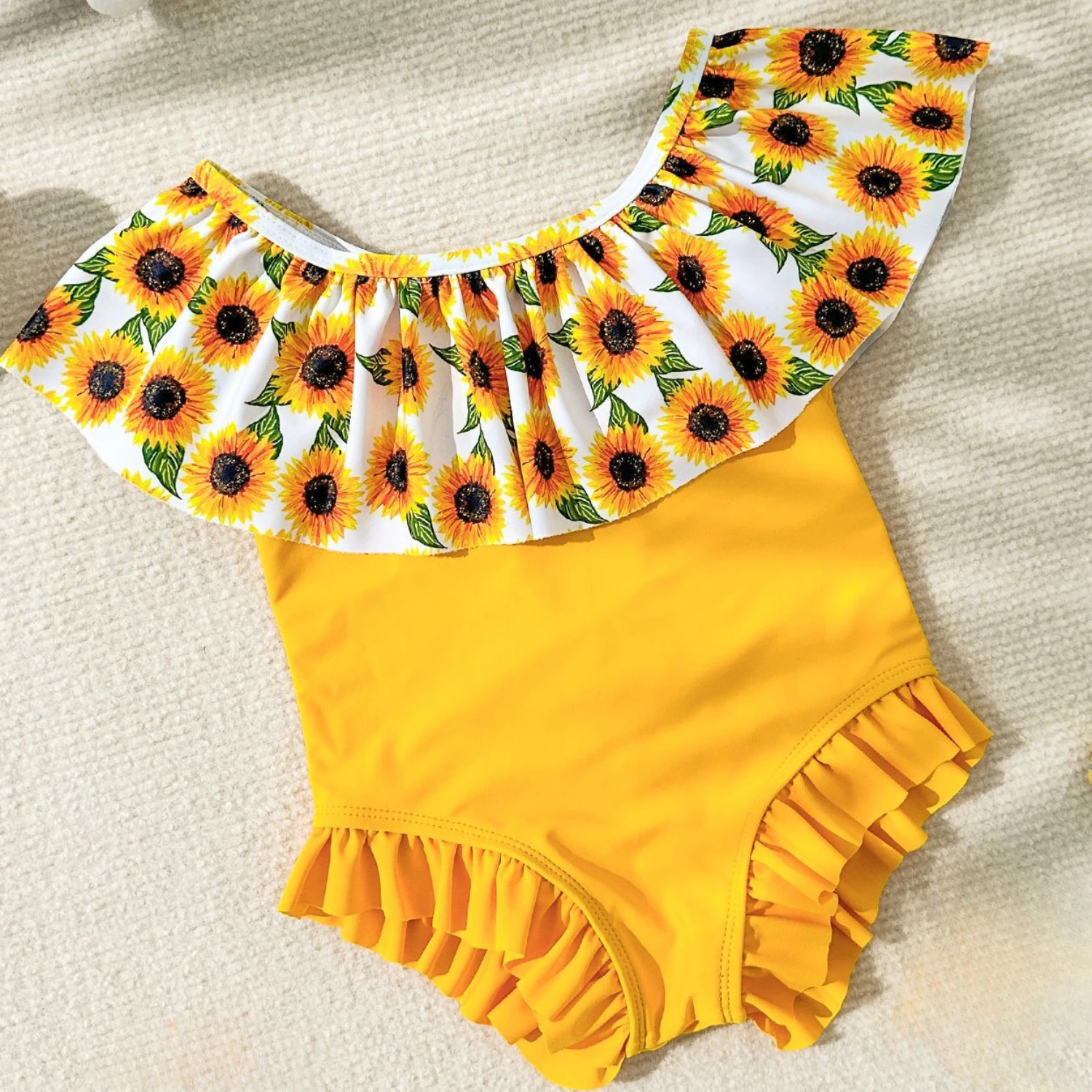 Nieuw Baby Zonnebloem Badpak Met Schouderriem En Bladrand Driehoekige Wading Sportkleding Voor Meisjes Zwemmen Surfen Badkleding