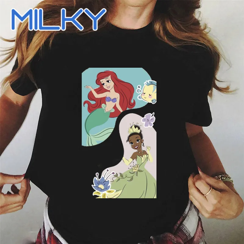 Harajuku Ariel Princess Mermaid T Shirt Women Kawaii Ullzang Tiana T-shirt Summer Streetwear Y2K Tshirt Cartoon Top Tee Girl