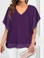 Plus Size Blouse Shirts Women's Tops Blouses 2024 Summer Batwing Sleeve V-neck Purple Shirt Elegant Blouse Women's Clothing