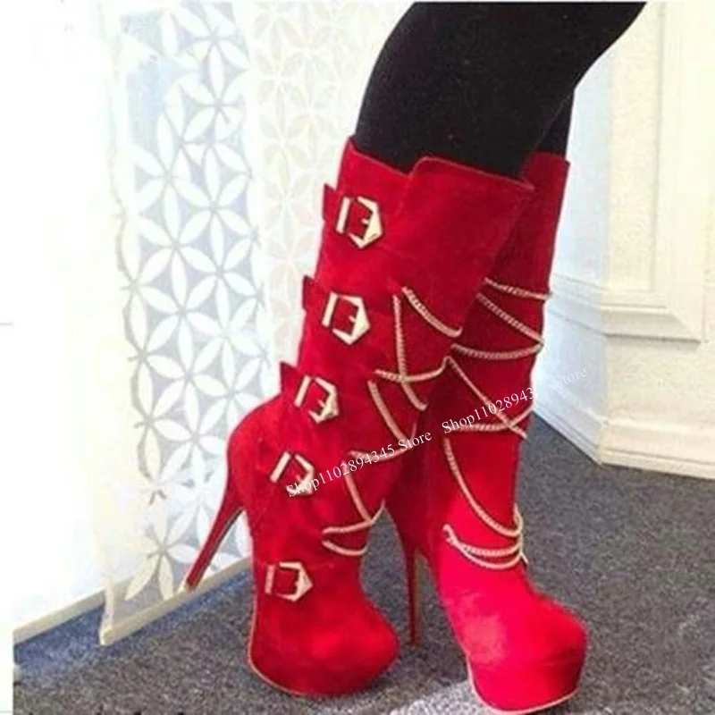 

Red Chain Buckle Knee High Rivet Boots Thin High Heel Platform Fashionable Sexy Western Winter Woman Shoes Zapatillas Mujer