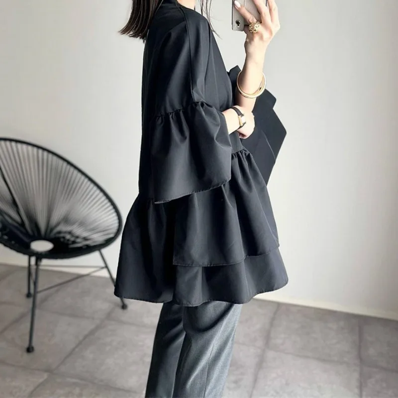 OCEANLOVE Japanese Style Women Shirts&blouses Solid Vintage Elegant Spring Autumn Blusas Mujer Fashion Simple Black Camisas