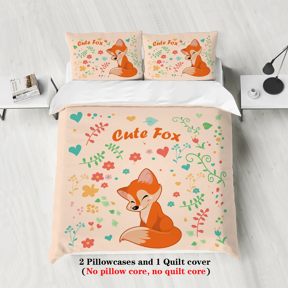 3pcs cartoon cute fox pattern printed bedding set, 1*duvet cover+2*pillowcase, suitable for girls and teenagers bedroom