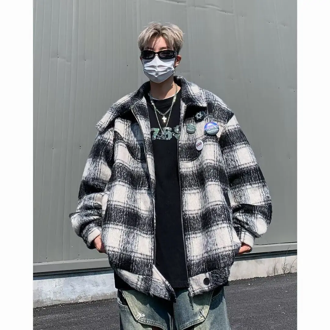 

Американское шерстяное пальто в клетку с цветовыми блоками, свободного кроя, в стиле High Street, осенне-зимняя верхняя одежда из полиэстера