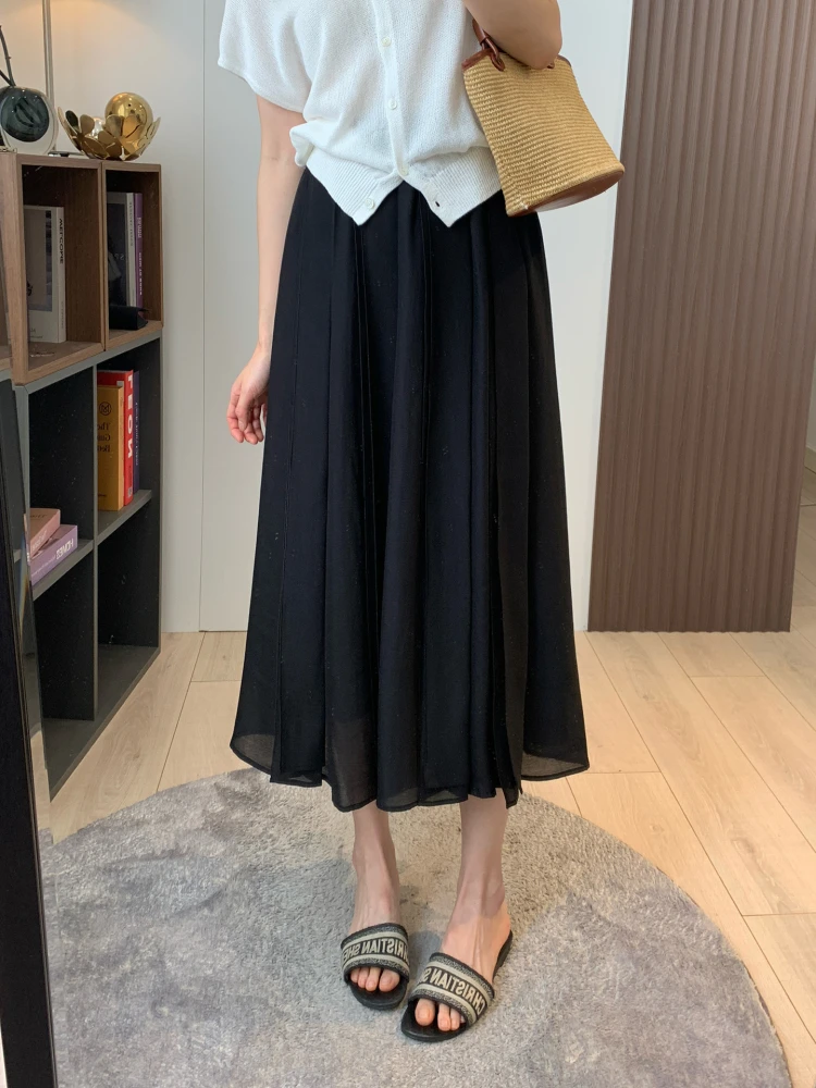 

Bla Dr Glass Sateen Pleated Midi Skirt High Waist Design Commute Sle Pure Color Uni Crisprit Brand