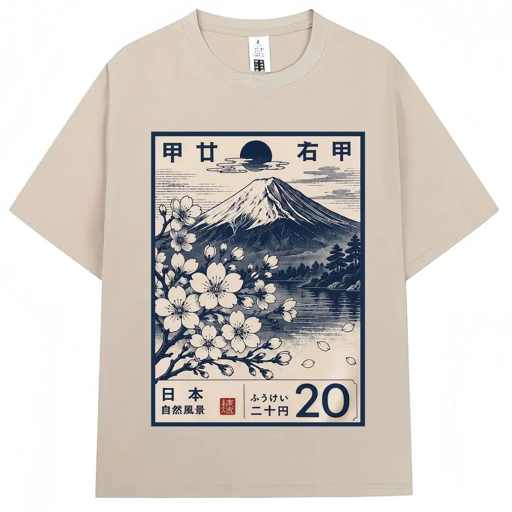 Japanese Style Mount Fuji Sakura Graphic T-shirt Men Women Vintage Fashion Popular T-shirts  Casual T Shirt
