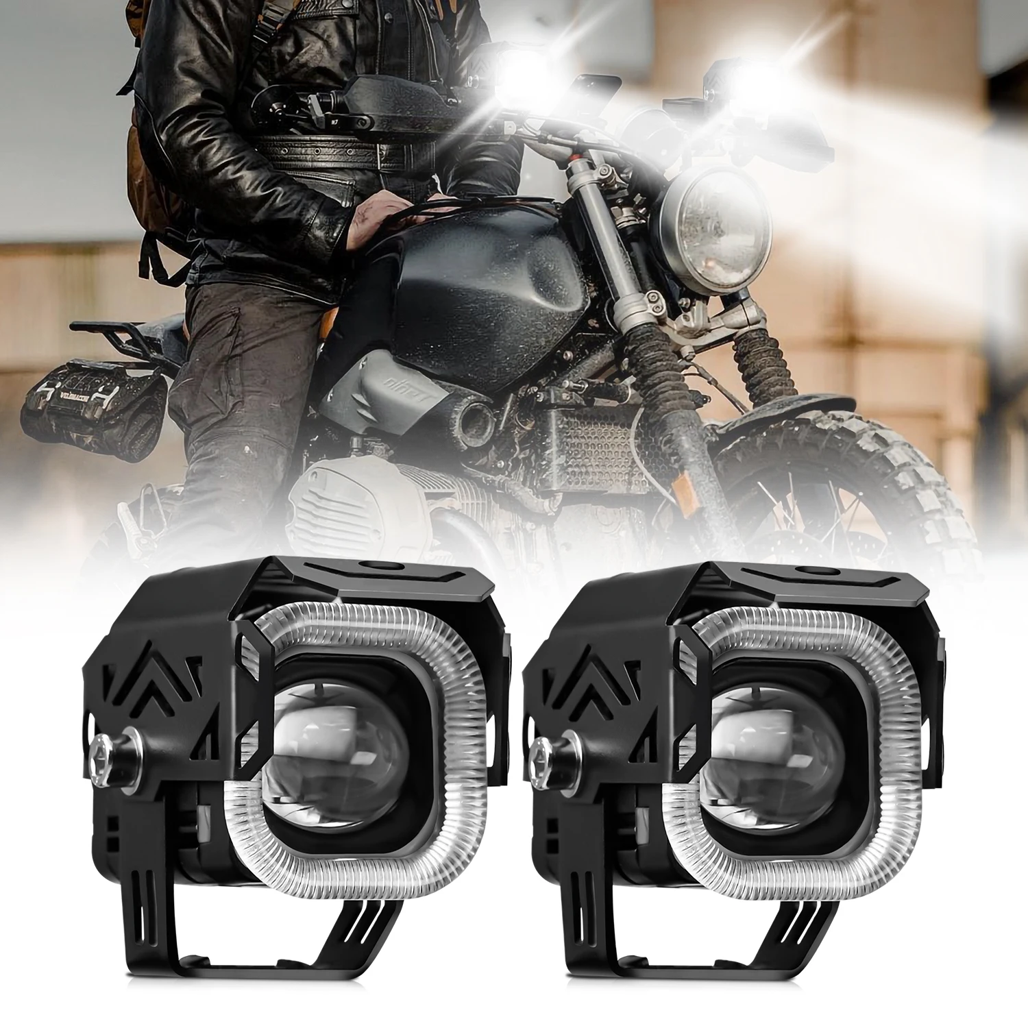 2pcs 4 Modes 60W LED Motorcycle Driving Spotlights DC 9-30V 4000LM DRL Auxiliary Warning Work Light with Mount Bracket