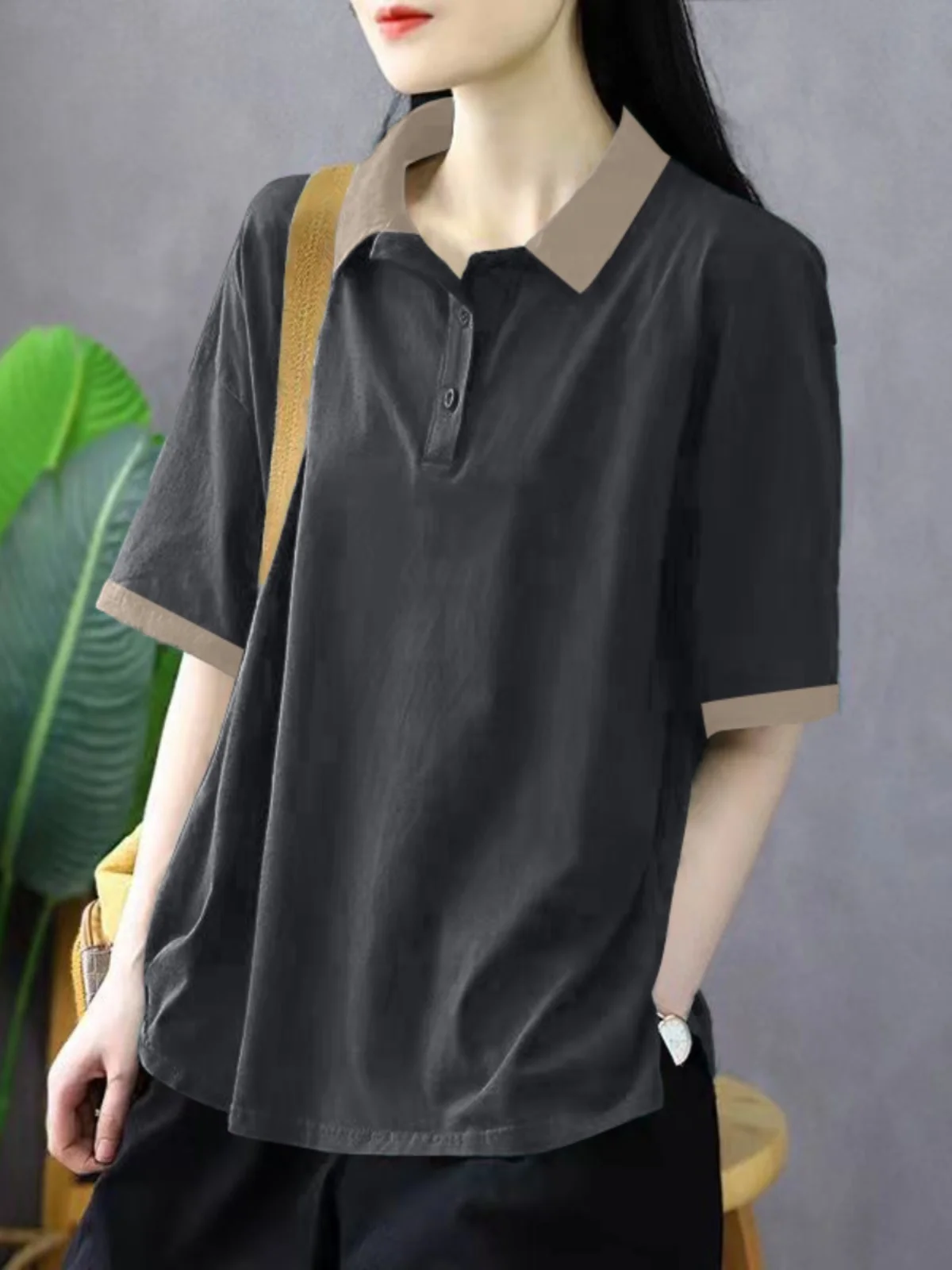 Camiseta Feminina de Algodão Puro, Estilo Solto, Moda de Verão, Design Coreano com Patchwork e Cores em Bloco