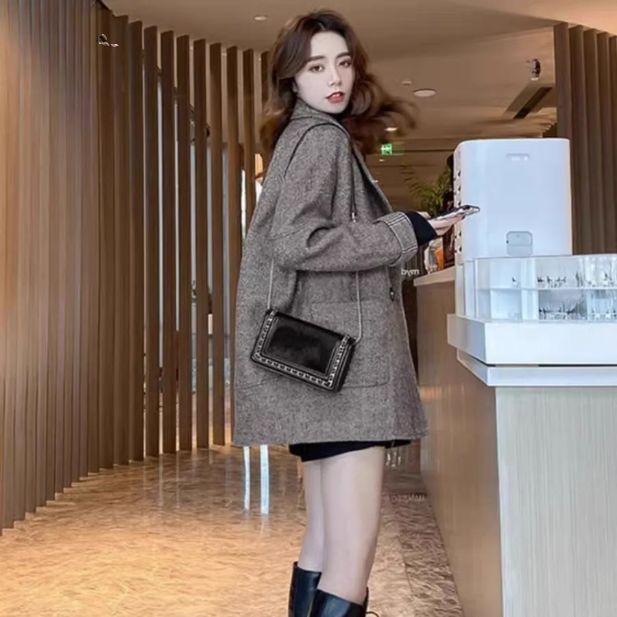 Damen-Anzugjacke aus Wolle, koreanischer Stil, Taschen-Umlegekragen, lockerer lässiger Blazer, dick für Herbst und Winter