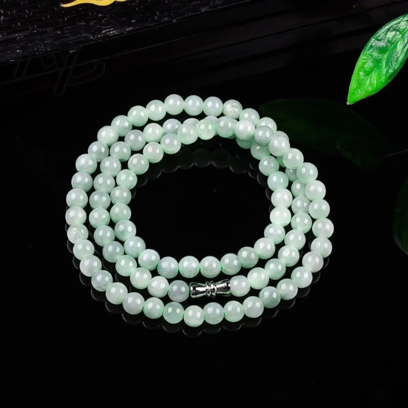 Real Natural Ice Seed Jade 5mm Bead Three Circles Bracelet Carved Charm Jadeite Jewelry Fashion Amulet Gifts Women Sweater Chain view 2
