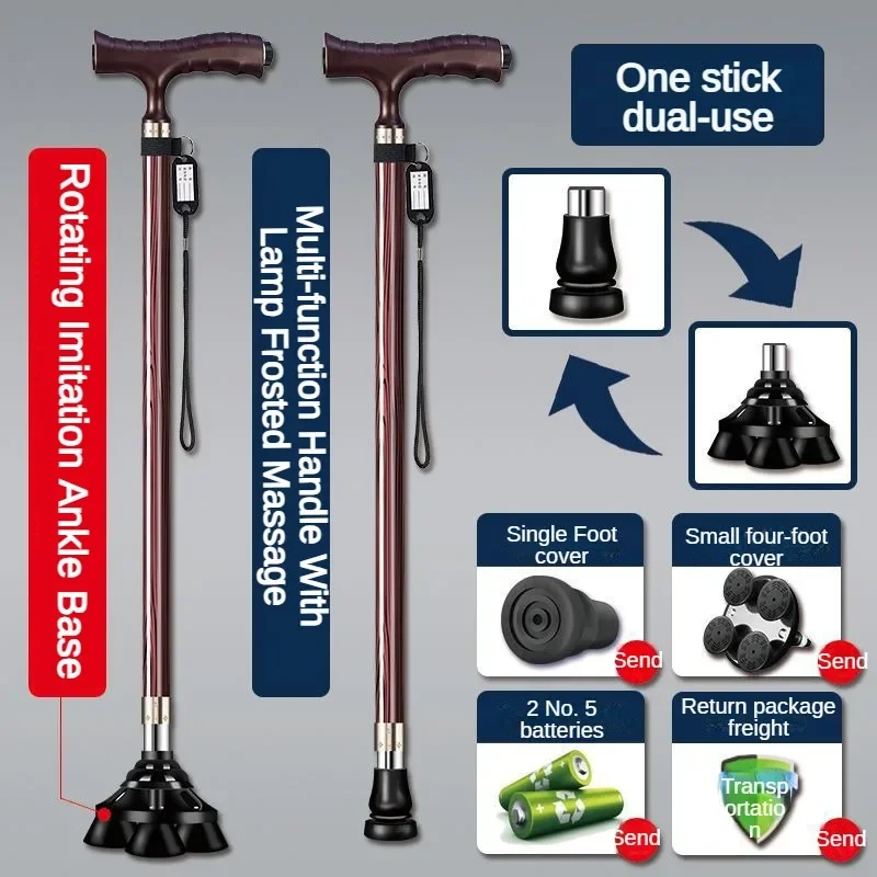 Adjustable Walking Cane with LED Light and Four-Foot Base